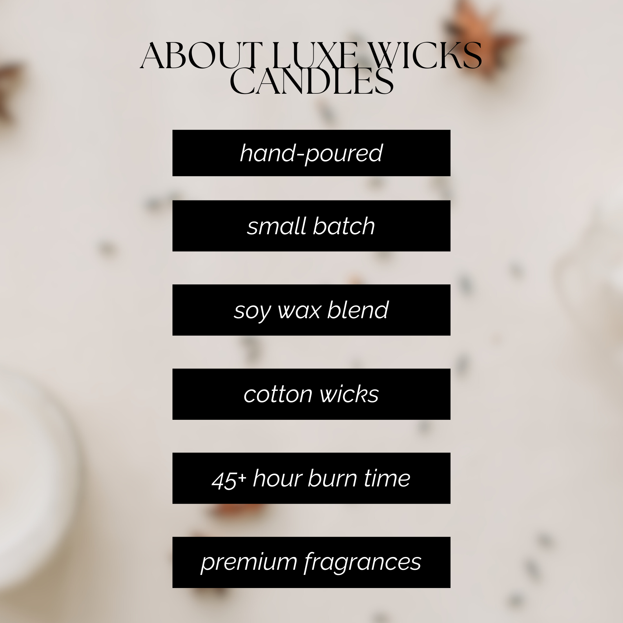 About Luxe Wicks candle collection with product features