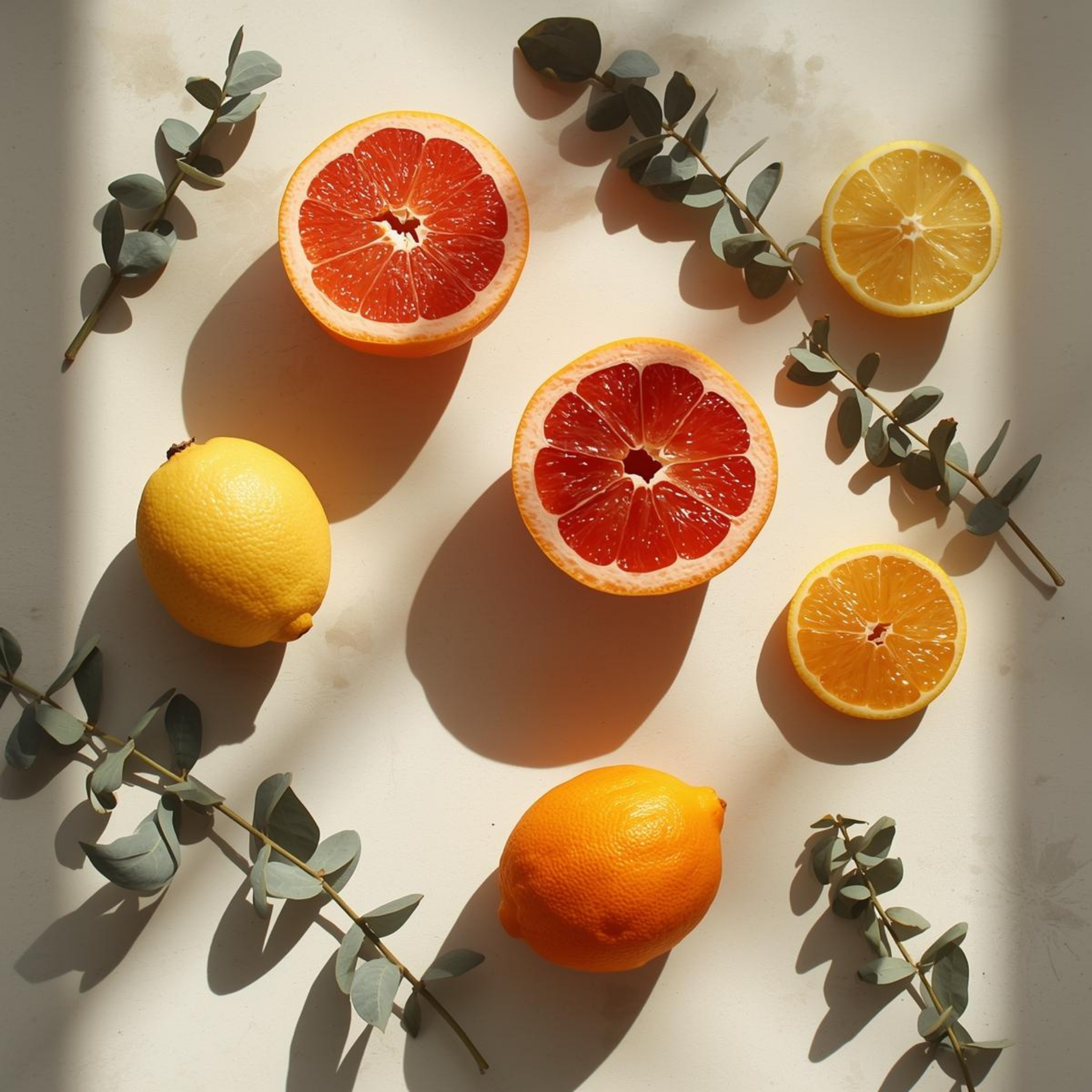 Citrus fruits including grapefruit, oranges and lemons with eucalyptus leaves on a light background for the citrus scented soy wax hand-poured candles