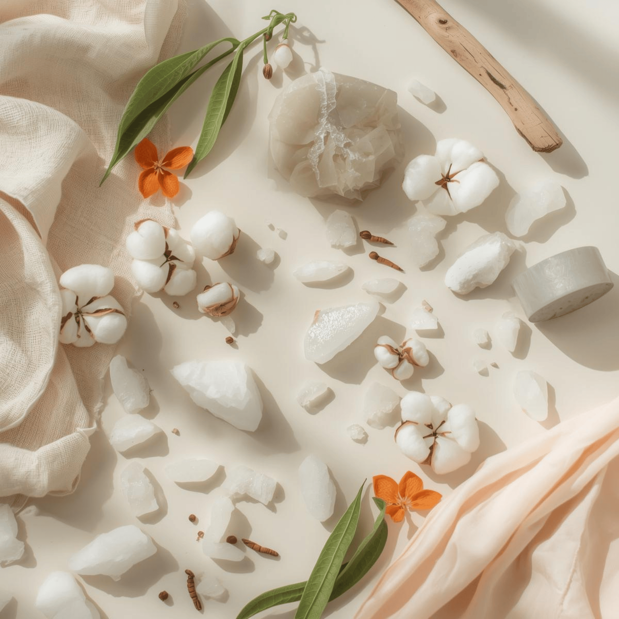 Florals, sea salt, wood, and cotton on neutral background for the coastal calm hand-poured soy wax candle