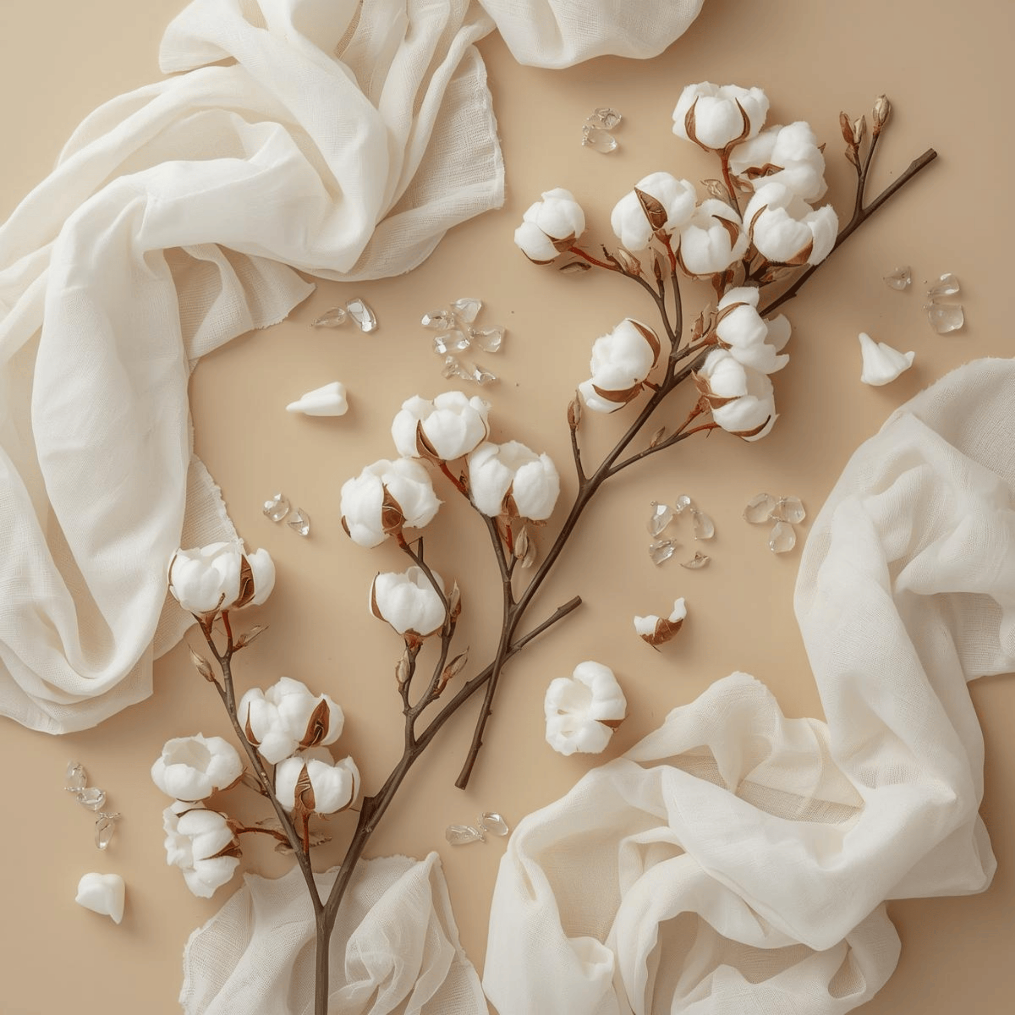 Cotton branches and linen on a beige background to represent a fresh and clean to represent the hand-poured soy wax candles