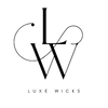 Black and white logo for Luxe Wicks soy hand-poured candles with stylized initials on a white background