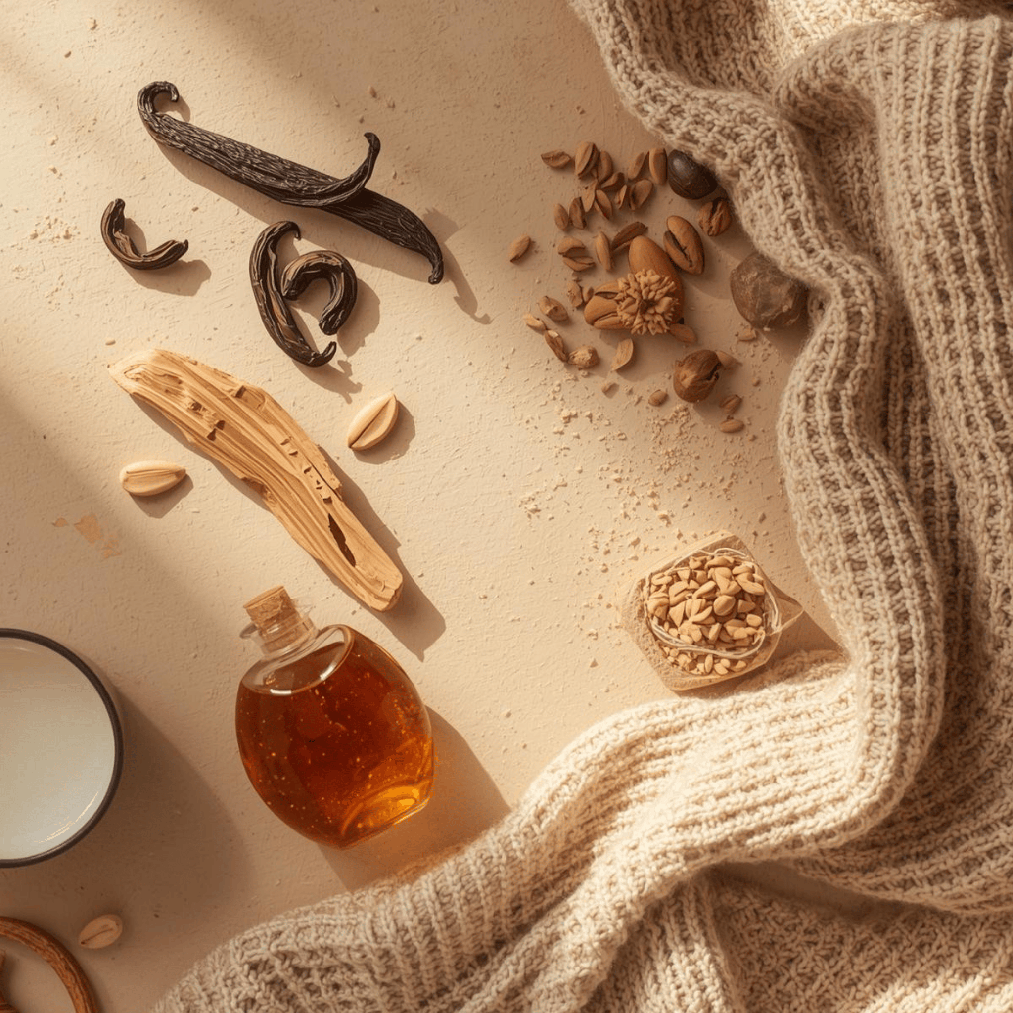 Spices like vanilla, sandalwood, and cedar and a bottle of honey on a textured surface with a cotton linens.
